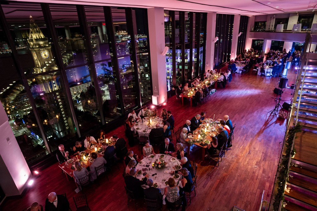 Nighttime wedding reception at the State Room