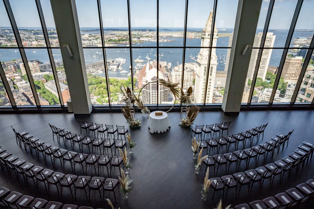 State Room Boston ceremony setup with city view