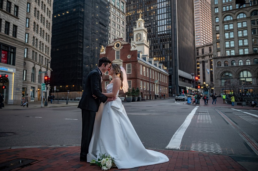 Bride and groom in downtown Boston street