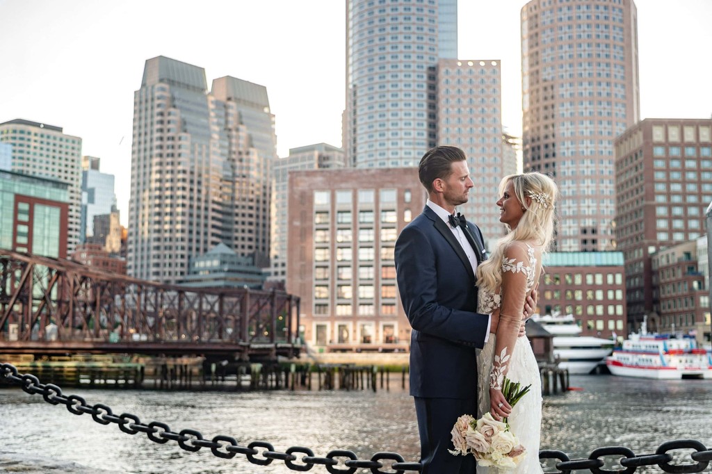 Boston wedding portrait on waterfront pier