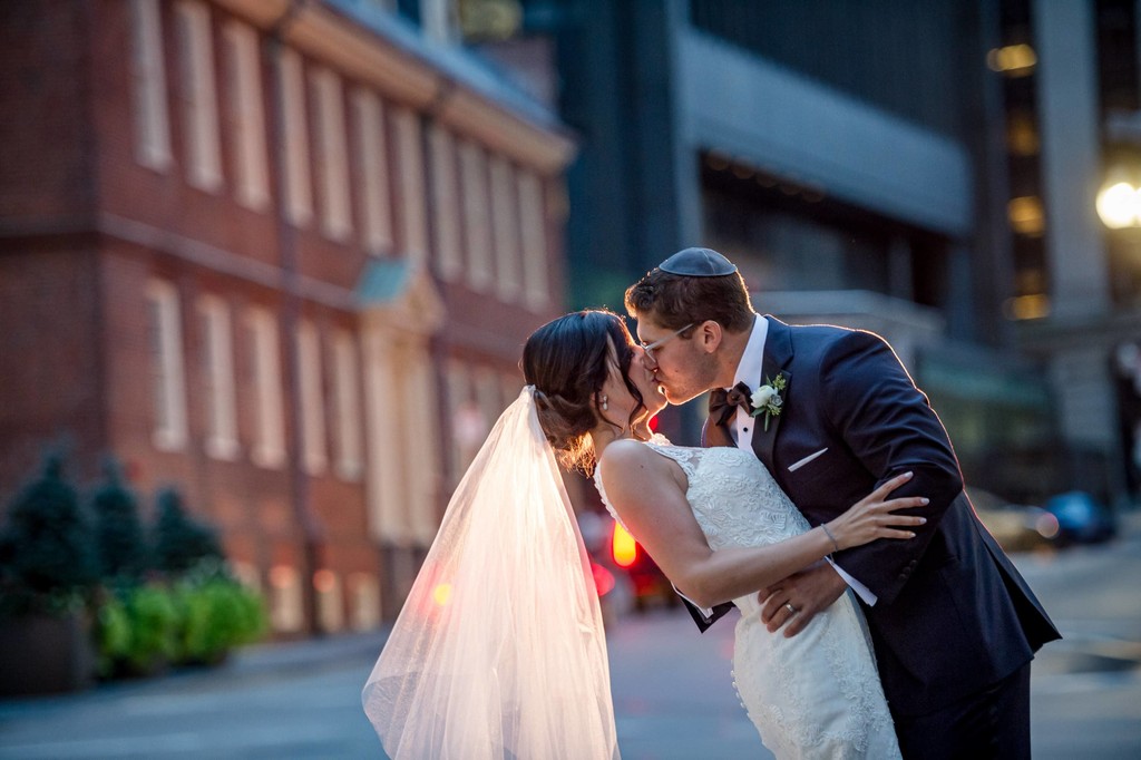 Nighttime wedding portrait outside the Old State House