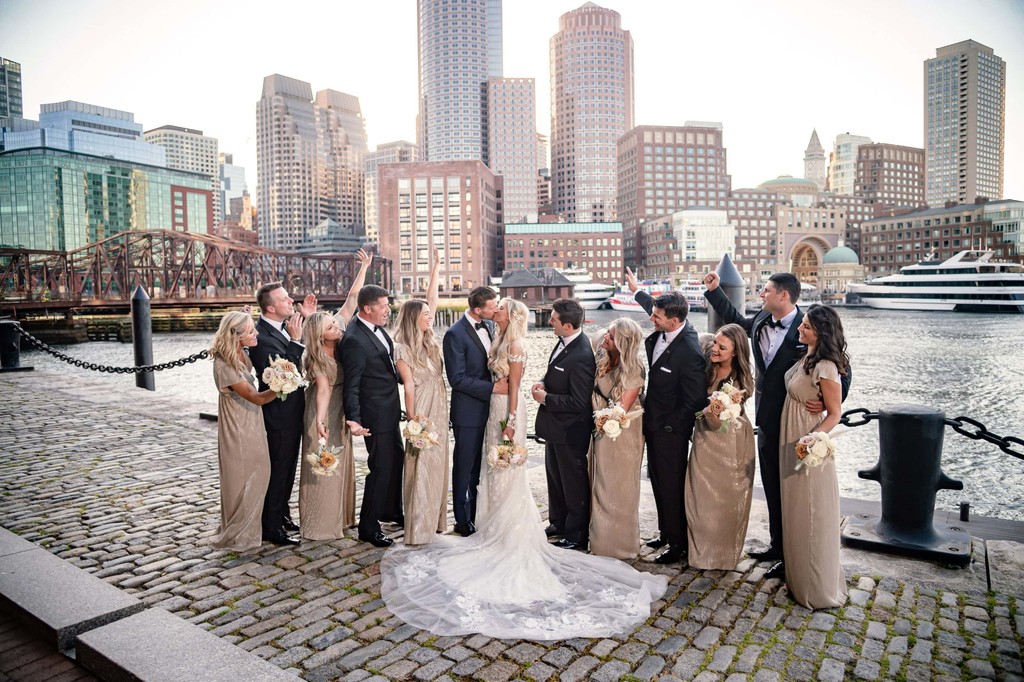 Bridal party on Boston Harbor Fan Pier cobblestones