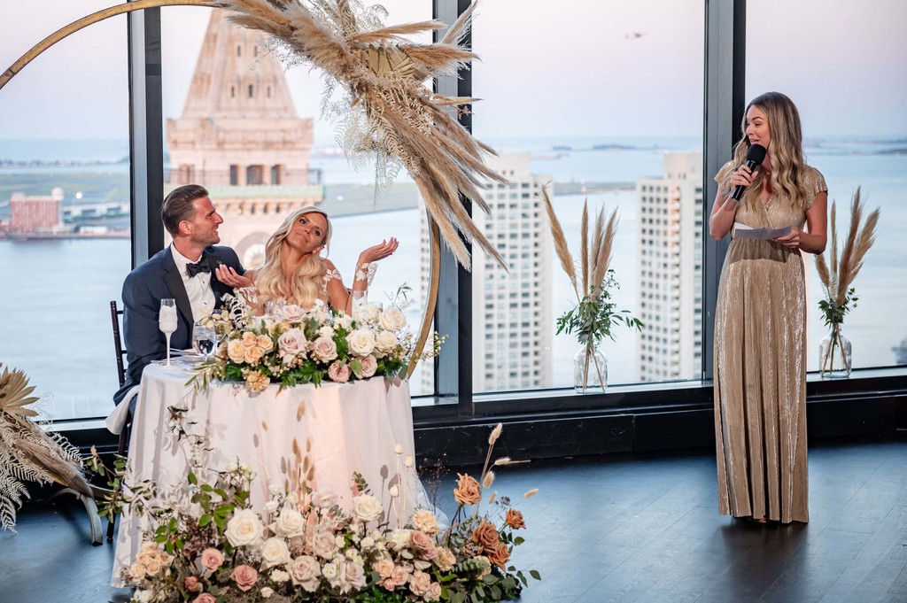 Funny bride reaction to maid of hoor toast