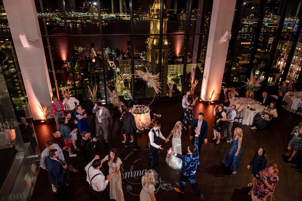 Guests dancing during nighttime State Room wedding