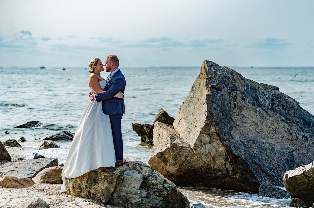 Oceanside wedding couple portrait