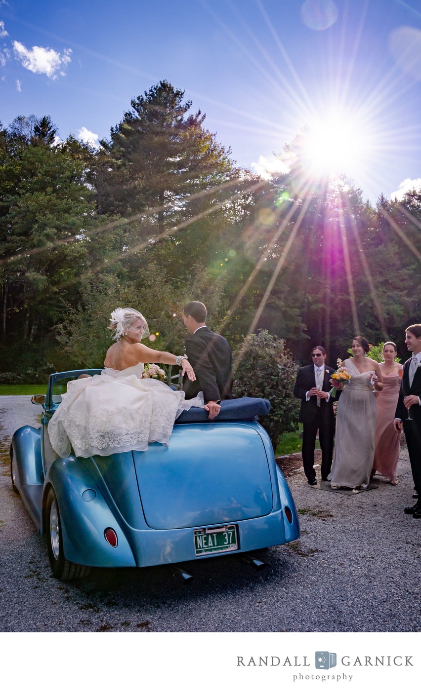 classic-getaway-car-wedding-riverside-farm-vermont