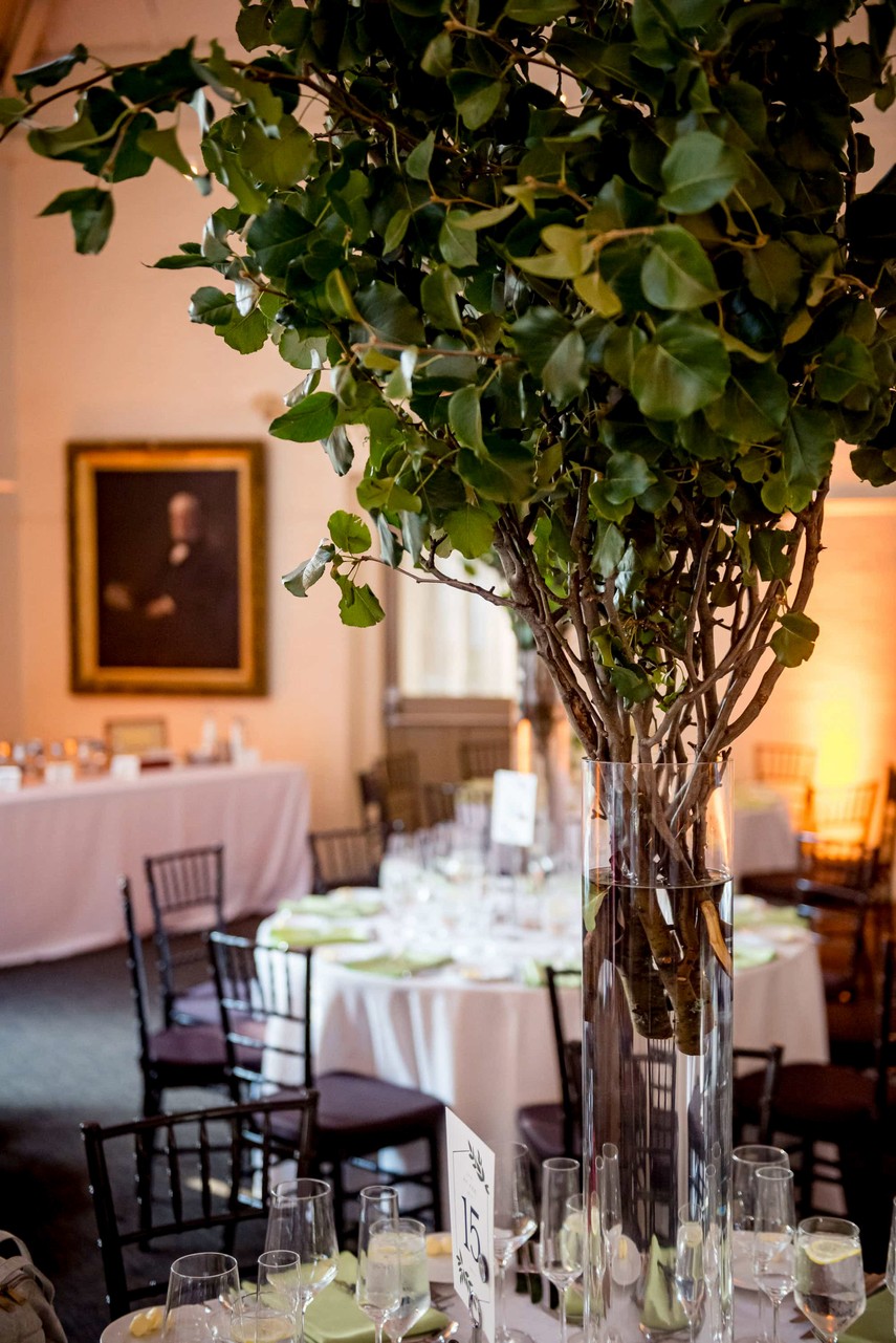 Elegant reception table decor inside the Gardens at Elm Bank weddings venue