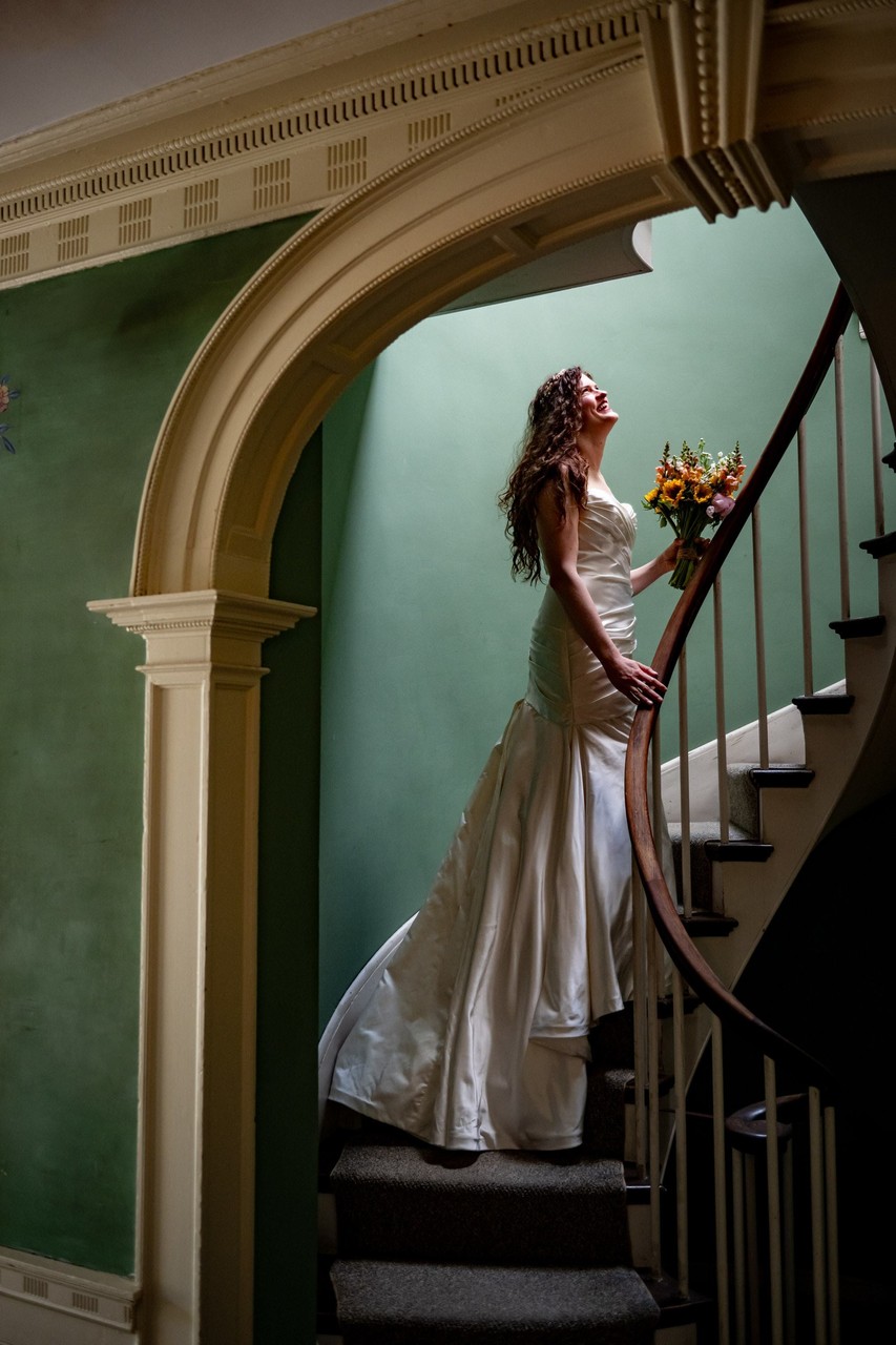 Romantic staircase bridal portrait at Long Hill Beverly wedding