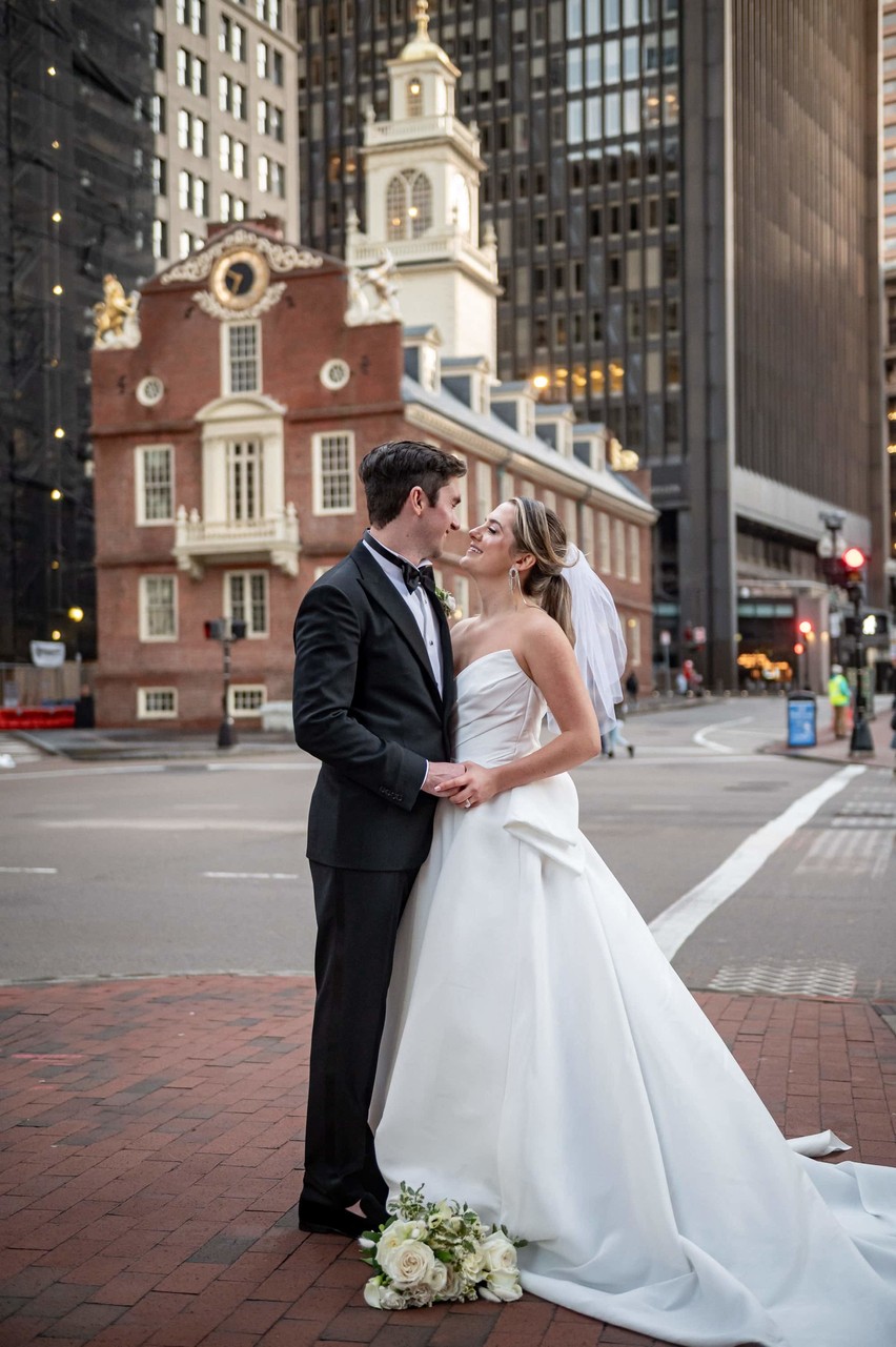 Couple portrait outside Old State House Boston
