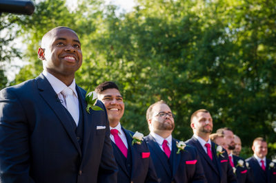 Groom and groomsmen Blithewold Mansion wedding ceremony