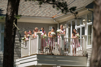 Cape Cod bridal party spying on wedding first look