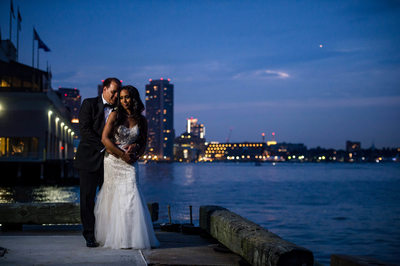 Night bridal photos on Boston's waterfront