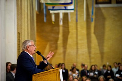 Keynote address photographed at Boston political event
