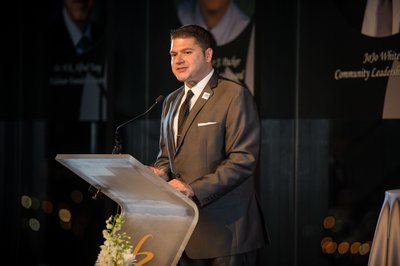 Formal gala speaker presenting at The State Room Boston