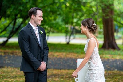 Joyful 1st look at Blithewold Mansion wedding