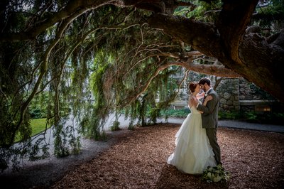 Under weeping tree Blithewold Mansion wedding