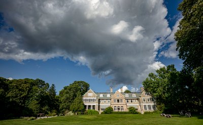 Dramatic estate view Blithewold Mansion wedding venue