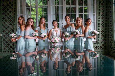 Bridesmaids reflection Blithewold Mansion wedding prep