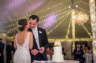 Bride and groom cutting cake Blithewold Mansion wedding reception