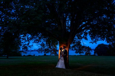 Romantic nighttime silhouette Blithewold Mansion wedding couple