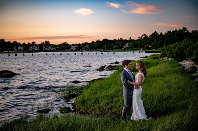 Waterfront Blithewold Mansion wedding sunset