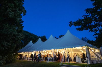 Blithewold Mansion wedding reception tent at night