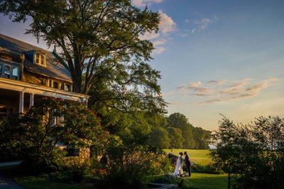 Golden hour estate view Blithewold Mansion wedding