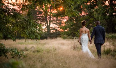 Sunset walk at a Blithewold Mansion wedding