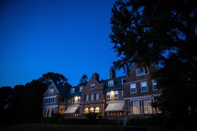 Grand mansion exterior Blithewold Mansion wedding night view