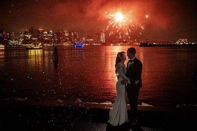 Epic wedding portrait with fireworks at the Hyatt Regency Boston Harbor.