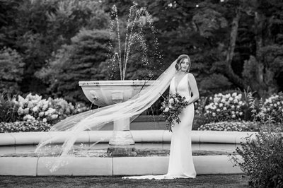 Elegant black and white bridal portrait at Elm Bank weddings