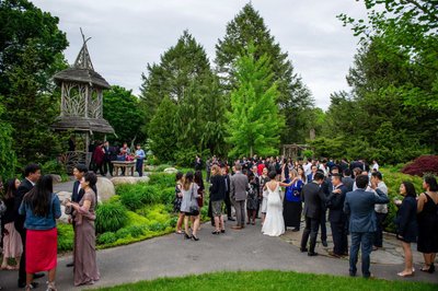 Elm Bank wedding cocktail hour among the gardens