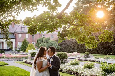 Sunset wedding portrait in the Italianate Garden at Elm Bank