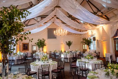 Elegant reception setup under draped ceiling at Elm Bank wedding