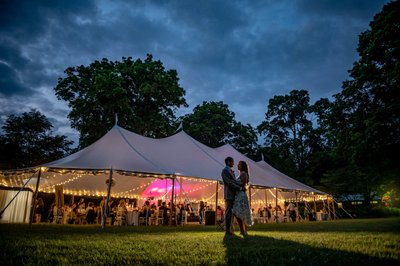 Night portrait outside the tent at an Elm Bank wedding