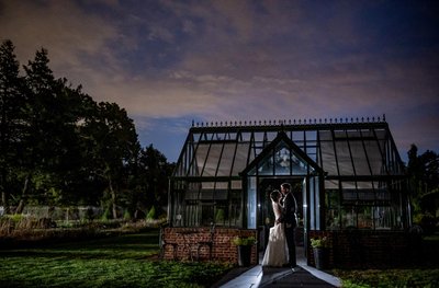 Greenhouse at Elm Bank weddings lit up at night