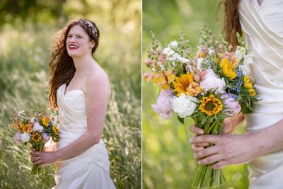 Bride smiling with bouquet at Long Hill Beverly wedding