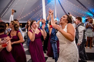 Wedding party cheering during reception – Fern Hill Barn