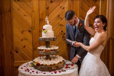 Joyful cake cutting moment at Fern Hill Barn reception