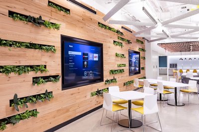 Office lunch space with living wall interior design Massachusetts