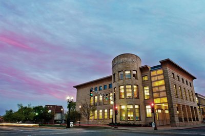 Worcester Public Library exterior dusk shot