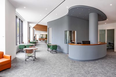Reception area with architectural curves in Boston