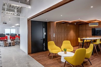 Startup office lounge with wood accents Boston