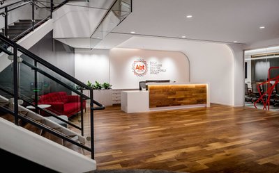 Modern lobby interior with mezzanine office design