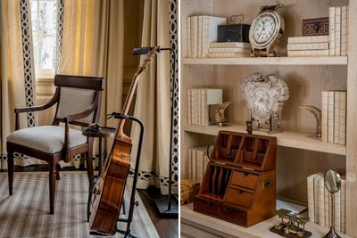 Traditional study with antique violin and built-in cabinetry
