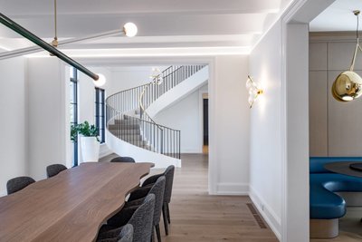 Modern staircase and hallway with built in bench