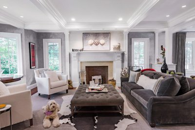 Transitional living room with stone fireplace and sectional
