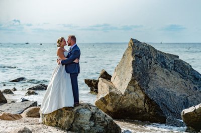 Oceanside wedding couple portrait