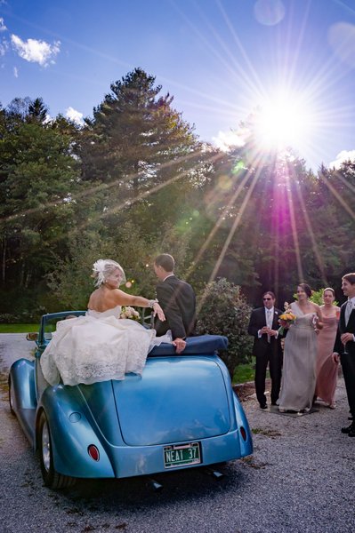 classic-getaway-car-wedding-riverside-farm-vermont