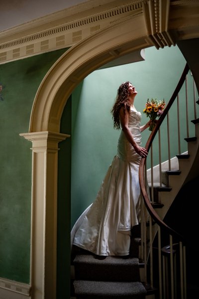 Romantic staircase bridal portrait at Long Hill Beverly wedding